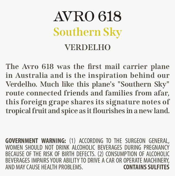 Avro 618 2021 Southern Sky Verdelho South Australia, Australia - Image 3