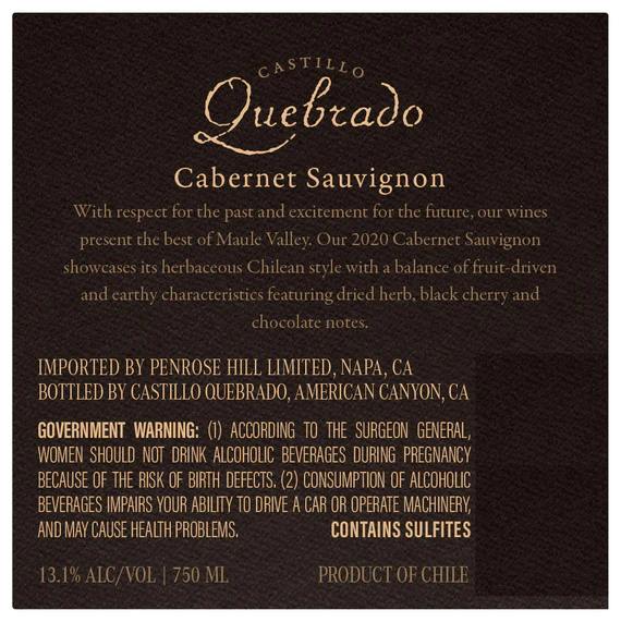 Castillo Quebrado 2020 Cabernet Sauvignon Maule Valley DO, Chile - Image 3