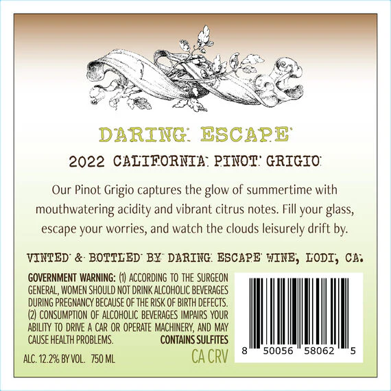 Daring Escape 2022 Pinot Grigio, California - Image 3