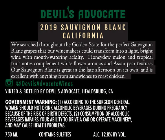 Devil's Advocate 2019 Sauvignon Blanc California - Image 6