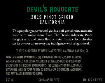Devil's Advocate 2019 Pinot Grigio, California - Image 3