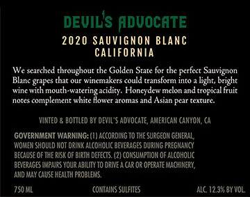 Devil's Advocate 2020 Sauvignon Blanc, California - Image 3