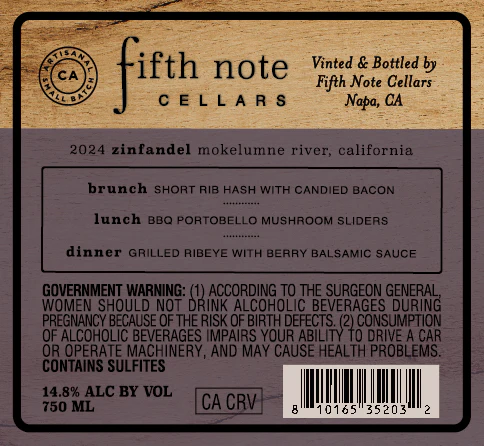 Fifth Note Cellars 2024 Zinfandel Mokelumne River Lodi, California - Image 3