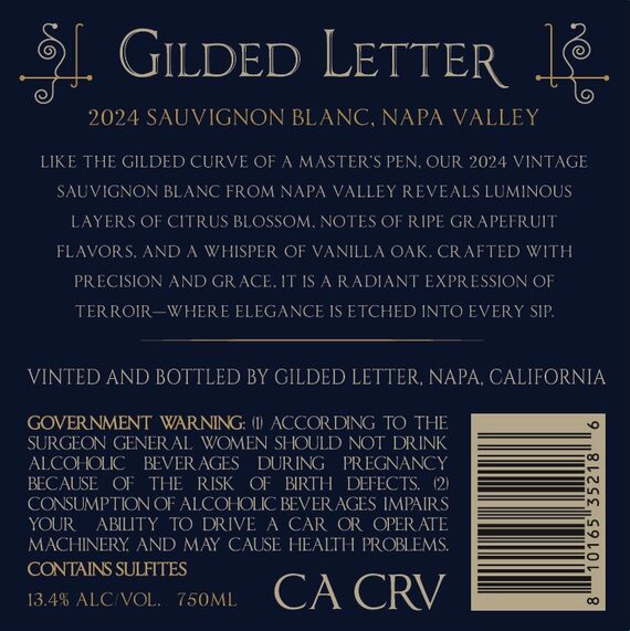 Gilded Letter 2024 Sauvignon Blanc Napa Valley, California - Image 3