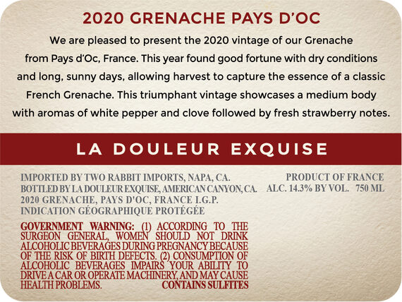 La Douleur Exquise 2020 Grenache Pays d'Oc IGP, France - Image 3