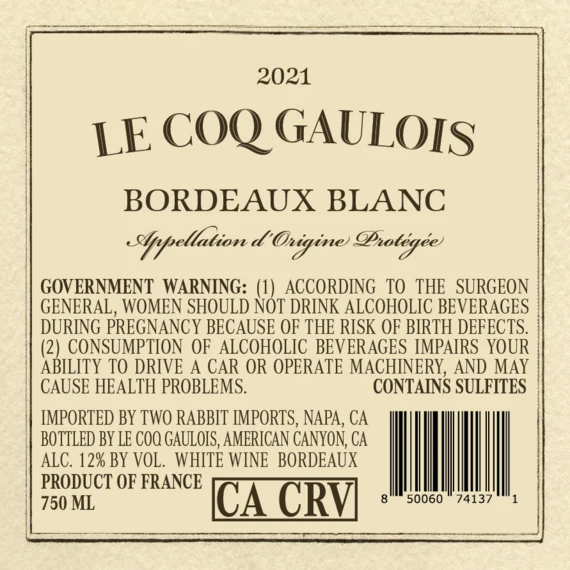 Le Coq Gaulois 2021 Bordeaux Blanc Bordeaux AOP, France - Image 3