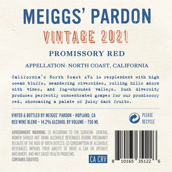Meiggs' Pardon 2021 Promissory Red North Coast, California - Image 3
