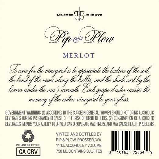 Pip & Plow 2022 Merlot Columbia Valley, Washington - Image 3