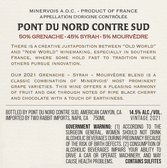 Pont du Nord Contre Sud 2021 Grenache – Syrah – Mourvèdre Minervois AOC, France - Image 3