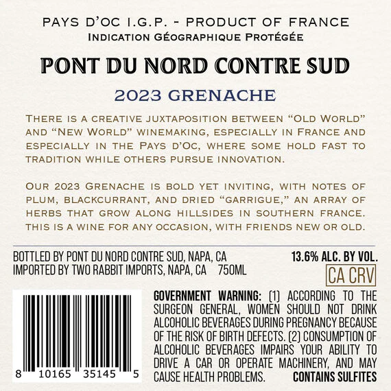 Pont du Nord Contre Sud 2023 Grenache Pays d'Oc IGP, France - Image 3