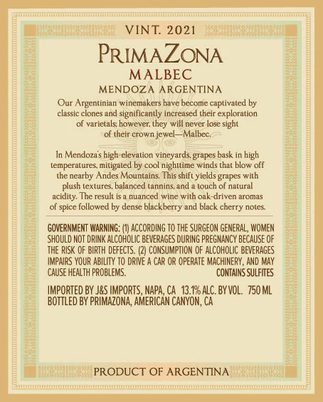 PrimaZona 2021 Malbec Mendoza, Argentina - Image 3