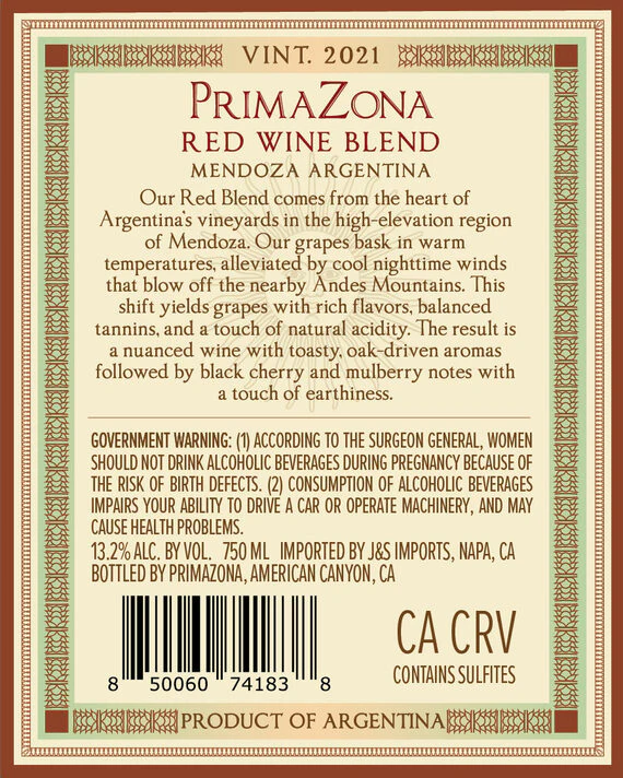 PrimaZona 2021 Red Blend Mendoza, Argentina - Image 3