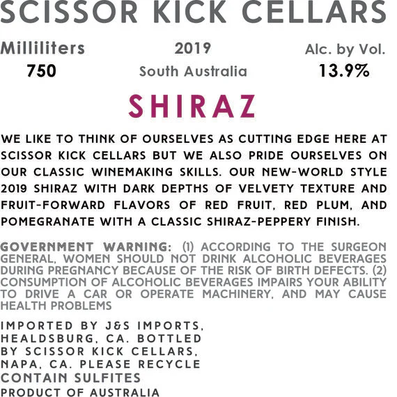 Scissor Kick Cellars 2019 Shiraz South Australia - Image 7