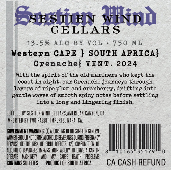 Sestien Wind Cellars 2024 Grenache Western Cape, South Africa - Image 3