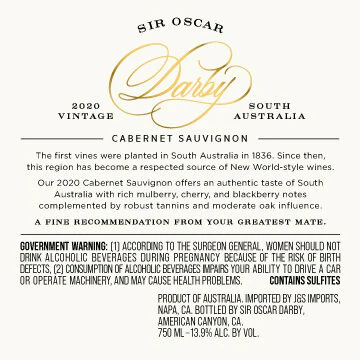 Sir Oscar Darby 2020 Cabernet Sauvignon South Australia, Australia - Image 3