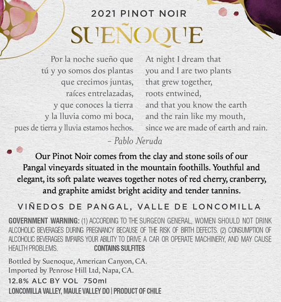 Sueñoque 2021 Pinot Noir Pangal Vineyards, Loncomilla Valley DO, Chile - Image 3