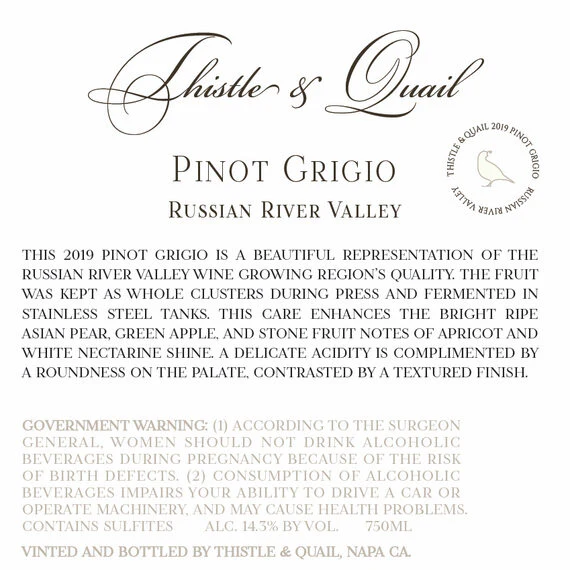 Thistle & Quail 2019 Pinot Grigio Russian River Valley, California - Image 7
